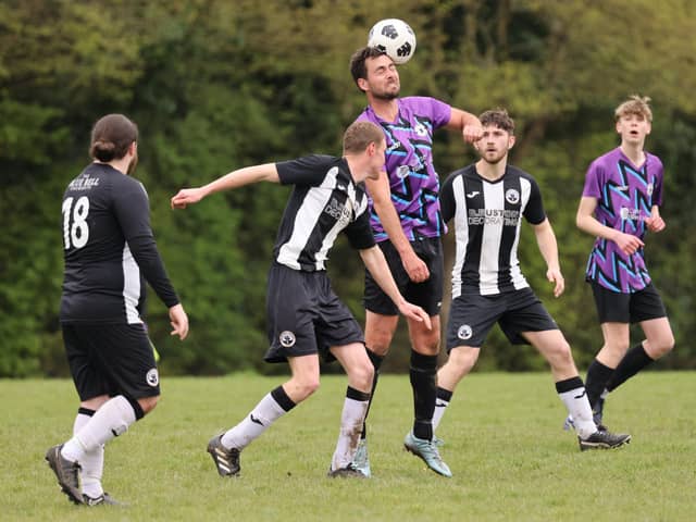 Action from Al's Bar's 3-0 win over Emsworth Town reserves (black and white kit) in City of Portsmouth Sunday Football League Division Four. Picture: Kevin Shipp