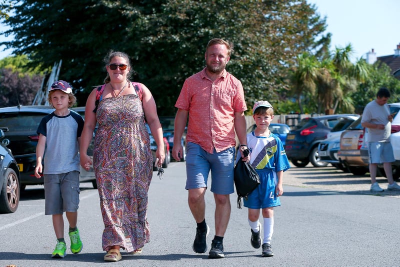 Rachel and Dominic DeBoo and their children Daniel, 9, left, and Isaac, 7, arrive at Gosport Borough FC.
Picture: Chris Moorhouse (jpns 090923-18)