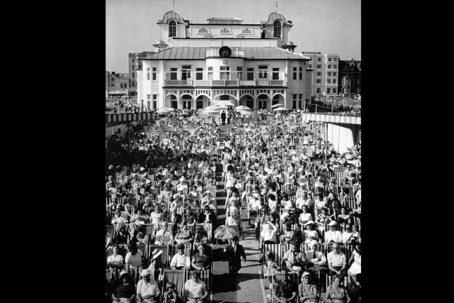 A Miss Southsea beauty contest on South Parade Pier in the 1960's. Contestants walking through.
