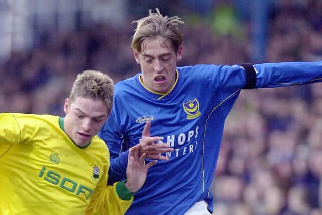 Peter Crouch in action in 2002  at Fratton Park when Portsmouth played Barnsley