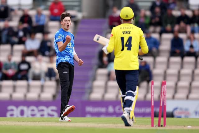 Sussex bowler Henry Crocombe celebrates bowling James Vince to end the highest opening partnership in Hampshire's T20 Blast history. Photo by Warren Little/Getty Images