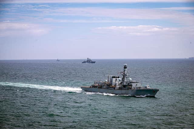 Type 23 frigate HMS Westminster (nearest the camera) and Offshore Patrol Vessel HMS Tyne (furthest from camera), both based in Portsmouth, escort Russian destroyer Vice Admiral Kulakov near Dover.