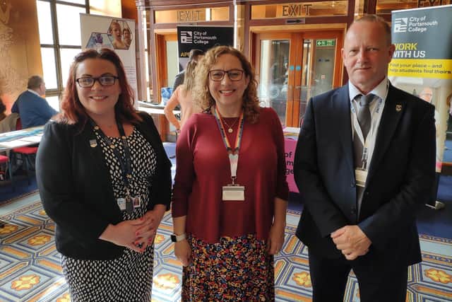 (Left to right) Natalie Sheppard, Cllr Suzy Horton and Mike Stoneman (deputy director, children, families and education) at the Teach Portsmouth recruitment fair at Portsmouth Guildhall, May 22, 2023