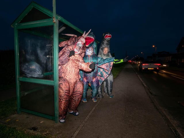 Graeme Lloyd (tetradactyl), Tommy Russell (triceratops) and Steven Porter (brontosaurus) on a cold dark night in mid January. Contrary to the picture, no shortcuts were taken.