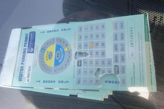 A modified JA parking visitor permit used as evidence by Portsmouth City Council to prosecutor Molly Mouncher, 23, of Homefield Road, Drayton.