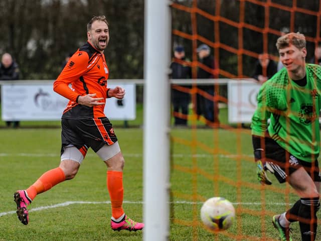 Brett Pitman's smile says it all as he scores his 32nd Wessex League goal of the season. Picture by Daniel Haswell