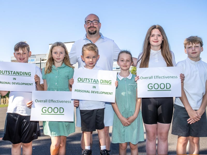 Woodcroft Primary School receiving their Ofsted Rating. Pictured - Head Teacher Mr Barry Fanning with students from Woodcroft Primary School celebrating their success.The school's Ofsted was published on July 2, 2024. Photos by Alex Shute