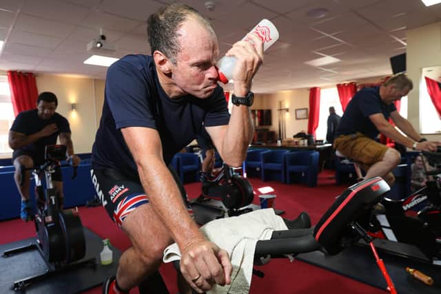 Lance Bombardier Kevin Rimington pictured alongside reservists from the Royal Artillery during a 1,600-mile static cycle ride over 36 hours raising money for two military charities, at the Army Reserve Centre, Hilsea
Picture: Chris Moorhouse   (260920-04)