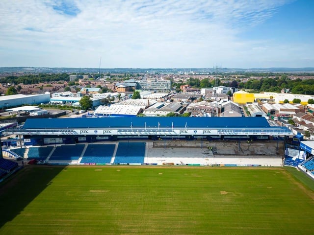 An aerial view of the work currently going on in the North Stand lower, with all seating in place on the west side as work continues on the eastern half.
Picture: Michael Woods / Solent Sky Services