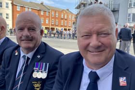 Royal Navy veterans Alan Harris, right, and Tommy Finlay, left, flew from Belfast to Portsmouth to attend the event marking the 40th anniversary of the Falklands War