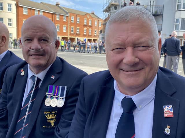 Royal Navy veterans Alan Harris, right, and Tommy Finlay, left, flew from Belfast to Portsmouth to attend the event marking the 40th anniversary of the Falklands War