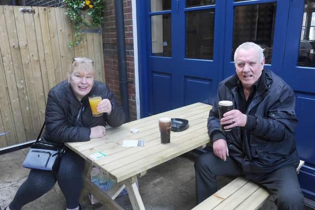 Helen Clarke and Albert Chivers from Portsmouth, enjoy an orange and lemonade and a pint of Guinness at The Parchment Makers
Picture: Sarah Standing (120421-6485)