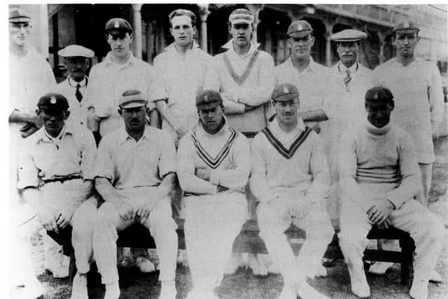 The Hampshire team line up after winning at Edgbaston in 1922. Back (from left): Brown, umpire, Livsey, Boyes, Shirley, Kennedy, umpire, Newman. Front: Bowell, McIntyre, Tennyson, Day, Mead. Picture: Hampshire Cricket