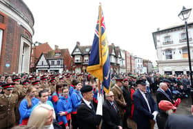 Havant Remembrance Sunday Service.

Pictured is action from the event.

The parade is taking place at St Faiths War Memorial with Deputy Lieutenant Major General James Balfour CBE DL in attendance, along with the Mayor of Havant, Alan Mak MP and the Leader of Havant Borough Council, Councillor Alex Rennie.
At 10.35 am the Parade leaves Royal British Legion Ex-servicemenâ€™s club, Brockhampton Lane, into Park Road South along Elm Lane before turning into North Street. Bagpiper Denton Smith will be accompanied by drums courtesy of Hampshire Caledonian Pipe Band. Then at 10.50 am the parade assembles at War memorial outside St Faiths Church ahead of an Act of Remembrance at the War Memorial outside St Faiths Church at 10.52am, followed by a two-minuteâ€™s silence at 11am. A Remembrance Service will then take place inside St Faiths Church.

Sunday 12th November 2023.

Picture: Sam Stephenson.