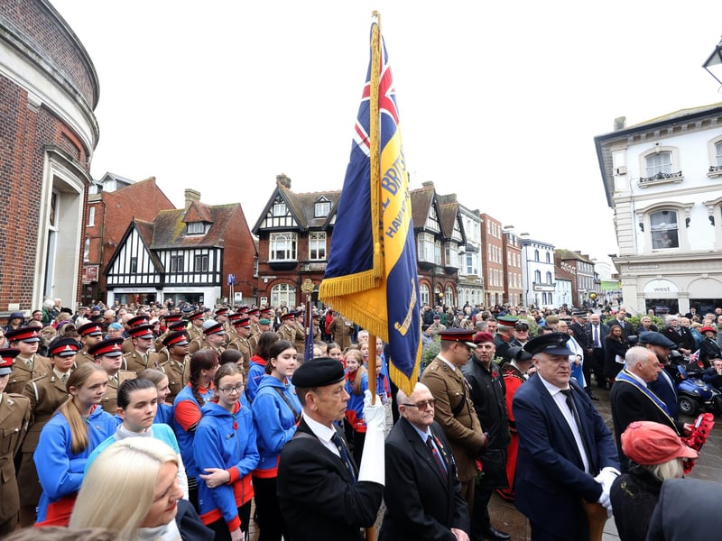 Havant Remembrance Sunday Service.Pictured is action from the event.The parade is taking place at St Faiths War Memorial with Deputy Lieutenant Major General James Balfour CBE DL in attendance, along with the Mayor of Havant, Alan Mak MP and the Leader of Havant Borough Council, Councillor Alex Rennie.At 10.35 am the Parade leaves Royal British Legion Ex-servicemenâ€™s club, Brockhampton Lane, into Park Road South along Elm Lane before turning into North Street. Bagpiper Denton Smith will be accompanied by drums courtesy of Hampshire Caledonian Pipe Band. Then at 10.50 am the parade assembles at War memorial outside St Faiths Church ahead of an Act of Remembrance at the War Memorial outside St Faiths Church at 10.52am, followed by a two-minuteâ€™s silence at 11am. A Remembrance Service will then take place inside St Faiths Church.Sunday 12th November 2023.Picture: Sam Stephenson.
