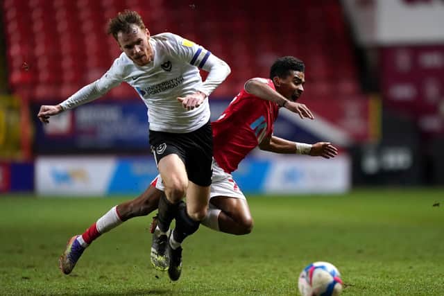 Tom Naylor scored his seventh goal of the season at Charlton - and Joe Gallen believes the midfielder is playing his best football in a Pompey shirt. Picture: John Walton/PA Wire