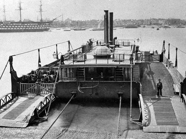 The old chain ferry linking Portsmouth and Gosport in 1900. Running from the end of Broad Street, Old Portsmouth, to Gosport Hard, this floating bridge operated across the harbour for 119 years.