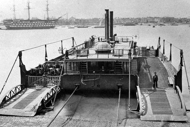 The old chain ferry linking Portsmouth and Gosport in 1900. Running from the end of Broad Street, Old Portsmouth, to Gosport Hard, this floating bridge operated across the harbour for 119 years.