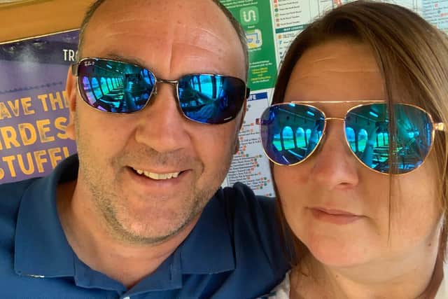 Dom Merrix, 48, of North End, pictured with his partner Sarah Merrix, 44. Dom died on Thursday of a suspected case of Covid-19