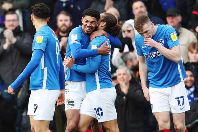Pompey celebrate against Doncaster.  Picture: Joe Pepler