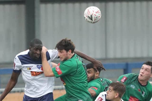 Moussa Diarra, left, in FA Cup action for Hawks against Cray Valley. Photo by Dave Haines