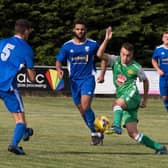 Ryan Pennery (green) in action for Moneyfields in an FA Cup tie against Reading City in August 2019.
Picture: Duncan Shepherd