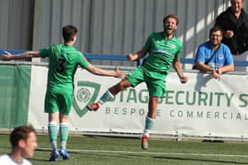 Former Hawk Joe Iaciofano, right, celebrates putting Oxford City 2-0 ahead at Westleigh Park. Picture: Dave Haines.

(Photo credit should read Picture/s by Dave Haines)
