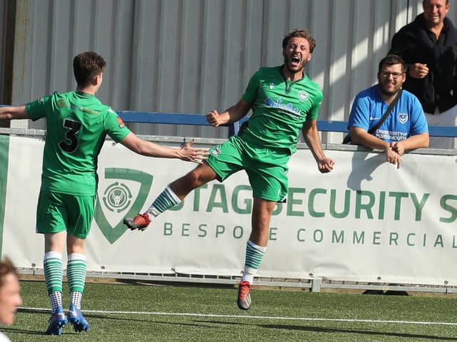 Former Hawk Joe Iaciofano, right, celebrates putting Oxford City 2-0 ahead at Westleigh Park. Picture: Dave Haines.

(Photo credit should read Picture/s by Dave Haines)