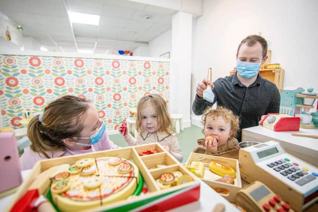 Businesses reopening in Fareham on 17 May 2021Pictured: David and Mia Ward with daughters Nuala Ward, two, and Eadie, one and a half at Sweet Peas Play Cafe in FarehamPicture: Habibur Rahman