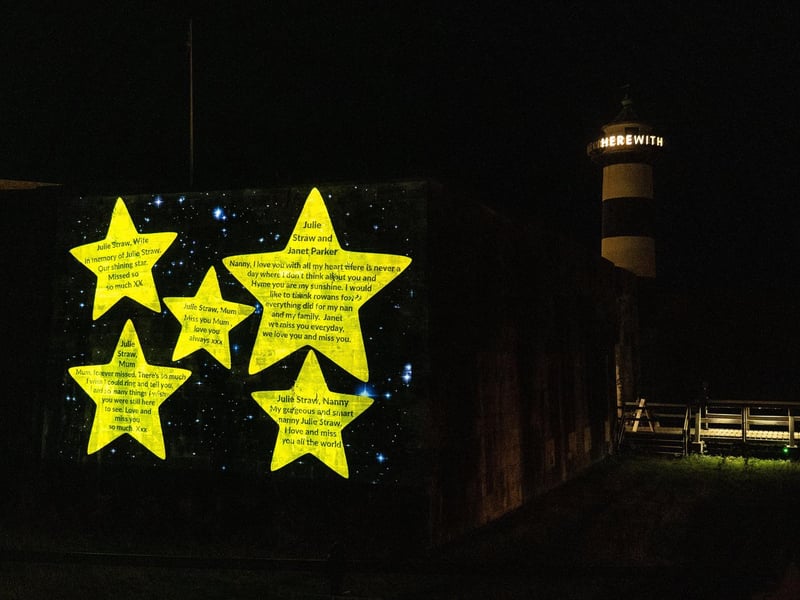 Shining stars walk 2026. Pictured is People enjoying the walk as names of loved ones are projected on Southsea Castle