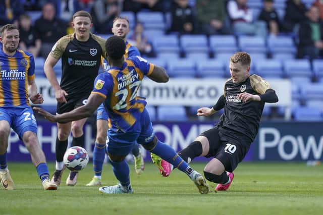 Joe Pigott fires in a first-half shot on his return to John Mousinho's line up at Shrewsbury. Picture: Jason Brown/ProSportsImages
