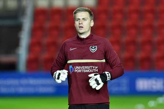 Alex Bass has made 41 appearances for Pompey, but has been behind Gavin Bazunu this season and is currently on loan to Bradford. Picture: Graham Hunt/ProSportsImages