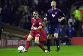 John Curtis shadows Michael Owen during Pompey's March 2004 trip to Liverpool. Picture: Jonathan Brady