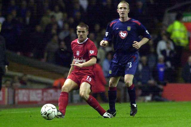 John Curtis shadows Michael Owen during Pompey's March 2004 trip to Liverpool. Picture: Jonathan Brady