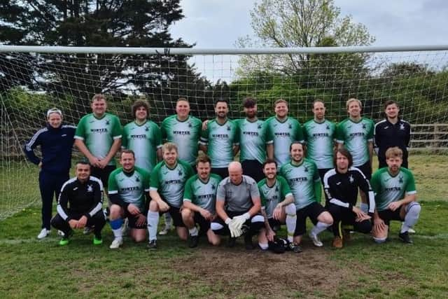 Wicor Mill Royals line-up after clinching the City of Portsmouth Sunday League title. Back (from left): Michael Cunningham, Matt Lee, Calum Latham, James King, Joe Waterman, Russell Vince, Ben Kerr, Luke James, Simon Woods, Stuart Long. Front:  Alex Belkus, Ben Burgess, Ryan Woods, Karl Patterson, Lewis Ashton, Liam Davies, Will Gammon, James Casey, Matt James.