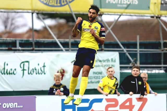 Gosport Borough midfielder Theo Lewis celebrates his goal against Merthyr. Picture: Tom Phillips