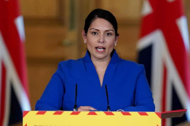 Priti Patel at a Downing Street media briefing on April 11. Photo: Pippa Fowles/10 Downing Street/Crown Copyright/PA Wire