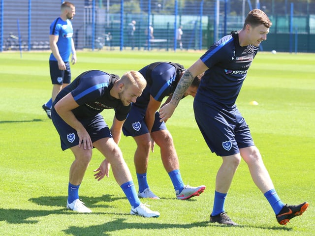 Jack Whatmough and Dion Donohue at Pompey's training ground in June 2018. Picture : Habibur Rahman