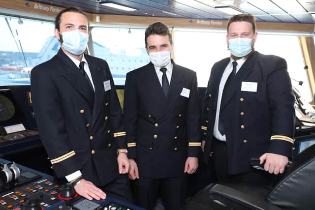 Tour of the new Brittany Ferries ship Salamanca. Charles Varin, Florent Hautot and Pierre Geille pictured on the bridge.Picture: Stuart Martin (220421-7042)