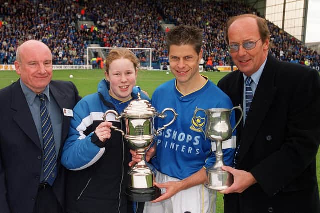 Scott Hiley receives the 2000/01 Portsmouth player of the season award from Kayleigh Markham, Ralph Mudie and Fred Dinnage