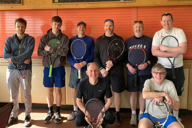 Alverstoke v JEM Tennis. From left - Christophe Rident, Matthew Peat, Steve Croft, Steve Carter, Tony Norish, Duncan Robinson, Chris Titterington (crouching) and Carl Titterington