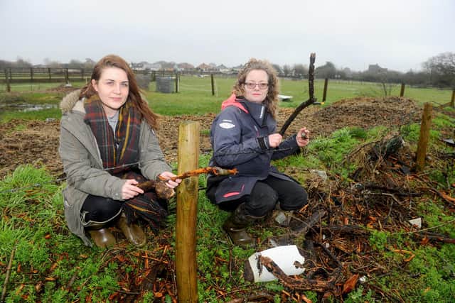 Horse owners Chelsi Reddish and Clare Bond next to the hedgerow which has been cut down. Picture: Sarah Standing (280220-9225)