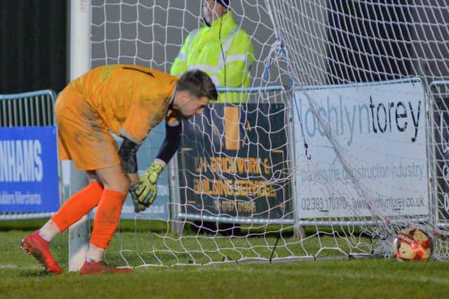 The Alresford keeper is beaten again as Horndean rattle up a club record 10-0 Wessex League win. Pictures by Martyn White
