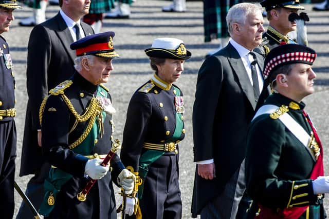 The Queen's coffin is being followed by the Queen's children King Charles III, Princess Anne, The Princess Royal, Prince Andrew, Duke of York and Earl of Inverness, Prince Edward Earl of Wessex and Forfar. Picture: Lisa Ferguson.