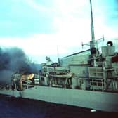 HMS Ardent after it was hit by Argentinian missiles