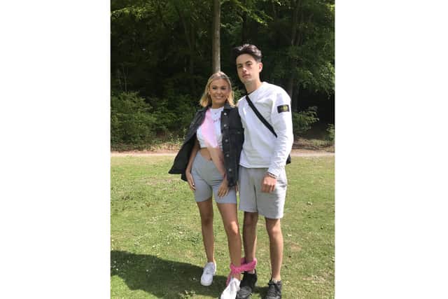 Cerys Hewson, 18 from Waterlooville, has been raising money for charities close to her heart ahead of competing for the title of Miss Teen Pageant Girl in August 2020. Pictured with her boyfriend Archie Lovegrove taking on a two-mile three-legged walk