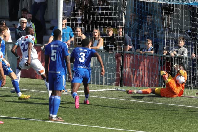 Hawks striker Mo Faal scores - but the goal will be ruled out for offside. Picture by Dave Haines.