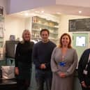 Minister for veterans affairs, Johnny Mercer, visited former service personnel, entrepreneurs and military support networks at the FirstLight Cafe Hub on Gosport High Street. From L to R: Caroline Dinenage, Johnny Mercer, Riah Bunce and Sam Fry. Picture: Office of Veterans Affairs.