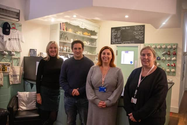 Minister for veterans affairs, Johnny Mercer, visited former service personnel, entrepreneurs and military support networks at the FirstLight Cafe Hub on Gosport High Street. From L to R: Caroline Dinenage, Johnny Mercer, Riah Bunce and Sam Fry. Picture: Office of Veterans Affairs.