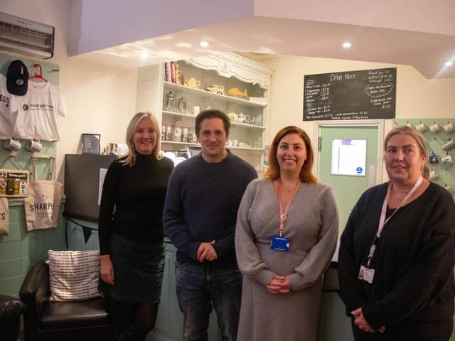 Minister for veterans affairs, Johnny Mercer, visited former service personnel, entrepreneurs and military support networks at the FirstLight Cafe Hub on Gosport High Street. From L to R: Caroline Dinenage, Johnny Mercer, Riah Bunce and Sam Fry. Picture: Office of Veterans Affairs.